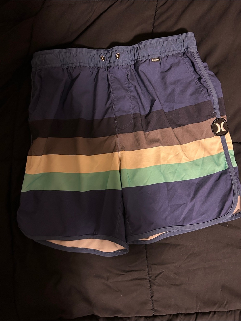 Hurley Blue Multi-Stripe Men’s Medium Swim Board Shorts Missing Drawstring